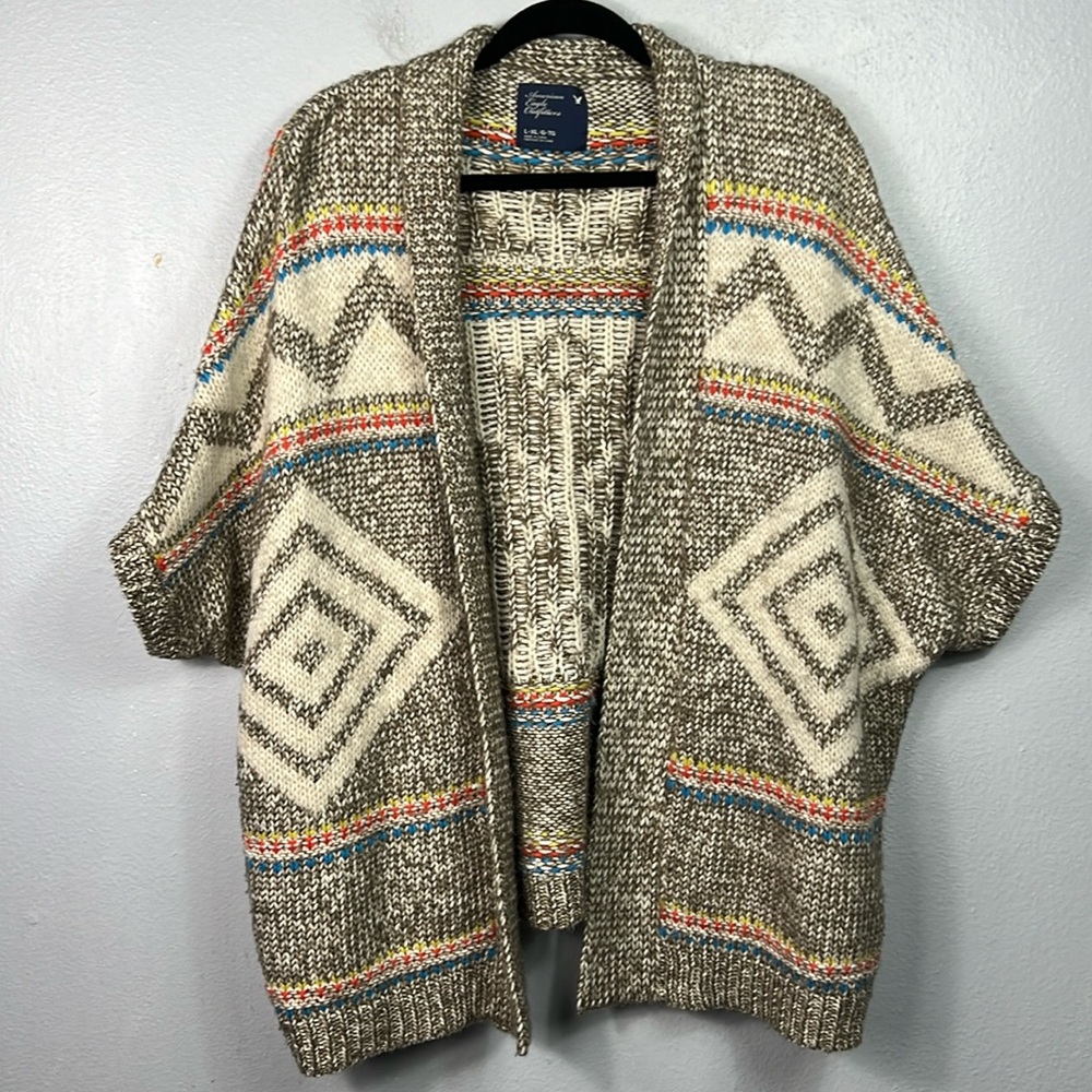 American Eagle Outfitters Alpaca Blend Aztec Short Sleeve Open Front Sweater